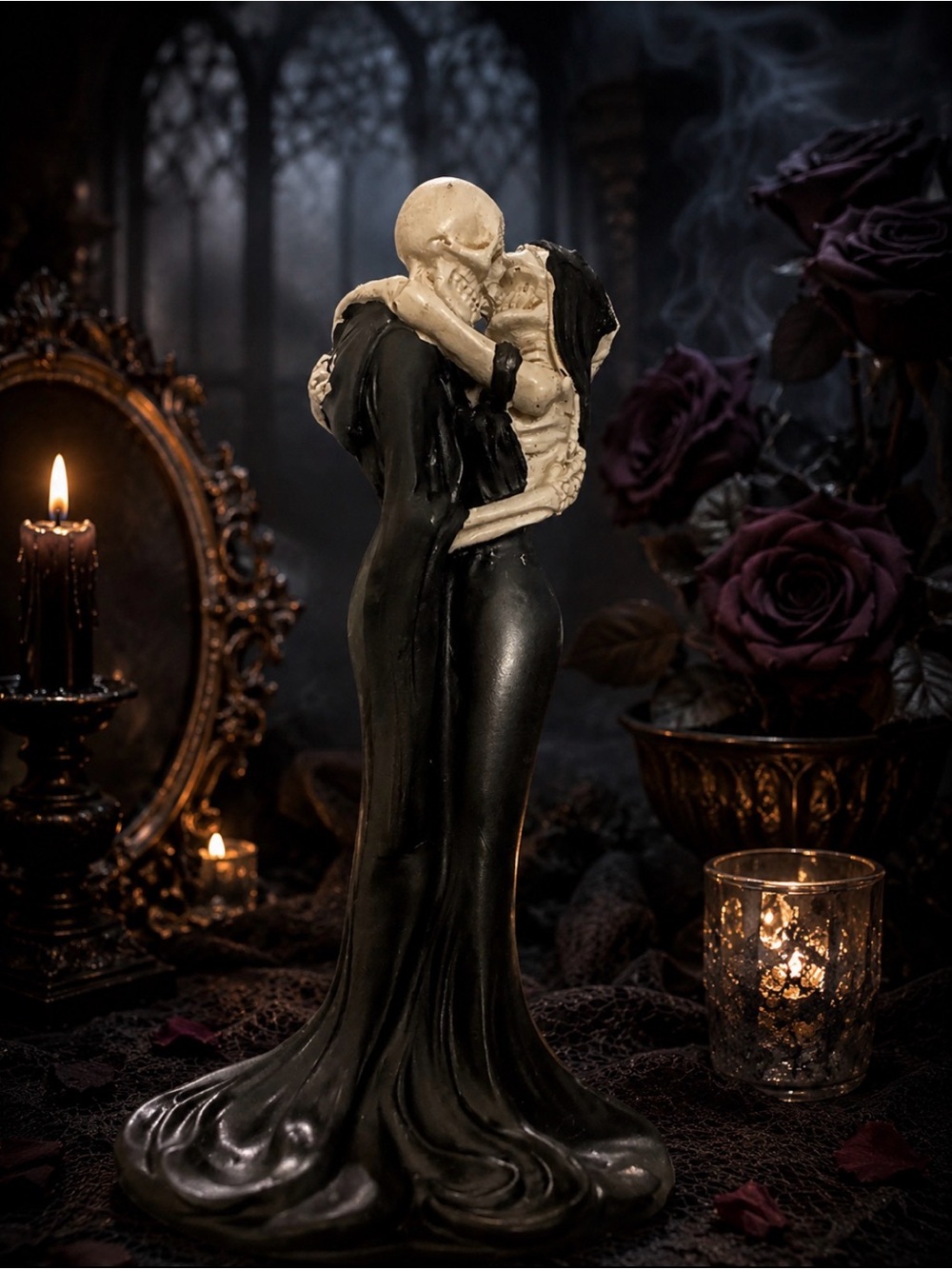 Gothic Skeleton Couple Kissing Figurine Black Wedding Decor 8”